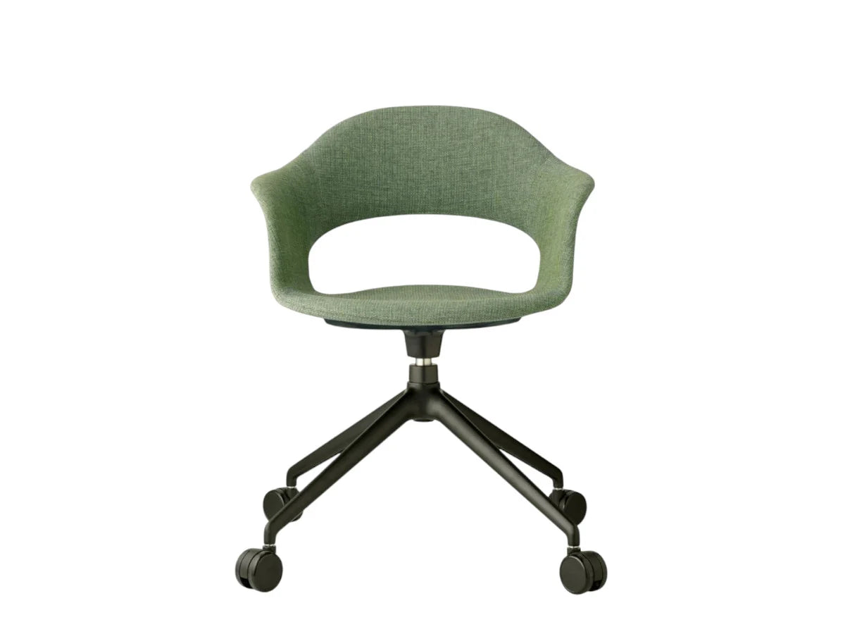 Front view of the Mentha Pop office chair with green upholstered shell seat, black swivel base, and smooth-rolling castors.
