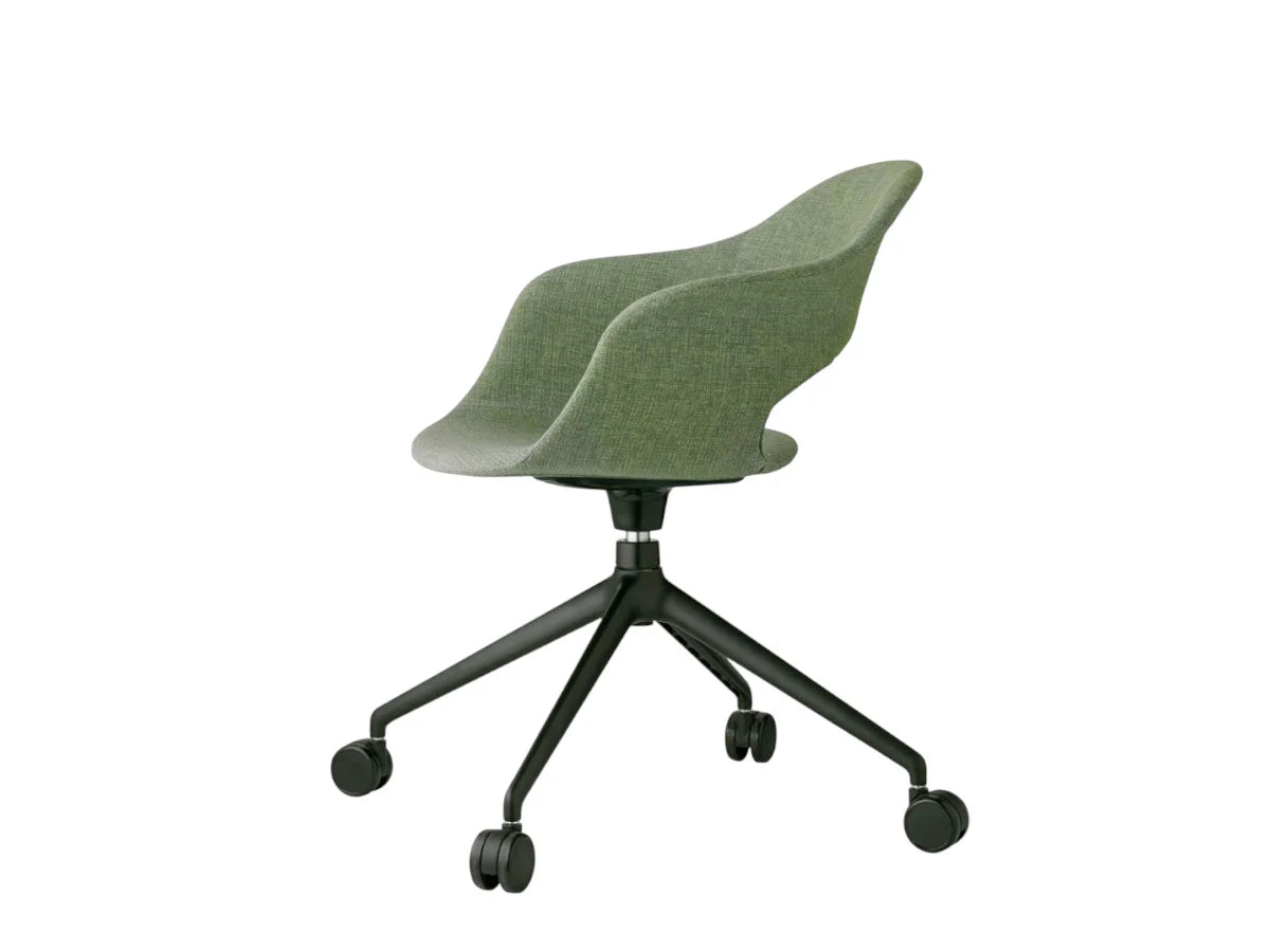 Rear angled view of the Mentha Pop office chair with green upholstered shell seat, black swivel base, and smooth-rolling castors.