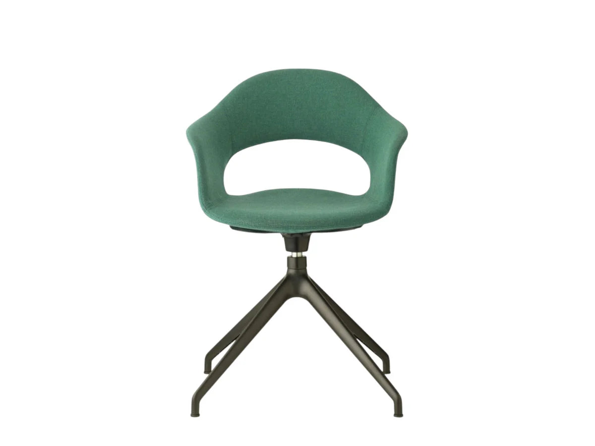 Front view of the Mentha Pop office chair with green upholstered shell seat and black four-star swivel base.