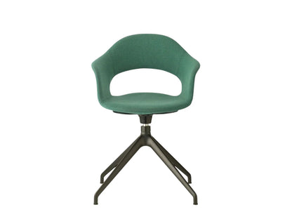 Front view of the Mentha Pop office chair with green upholstered shell seat and black four-star swivel base.
