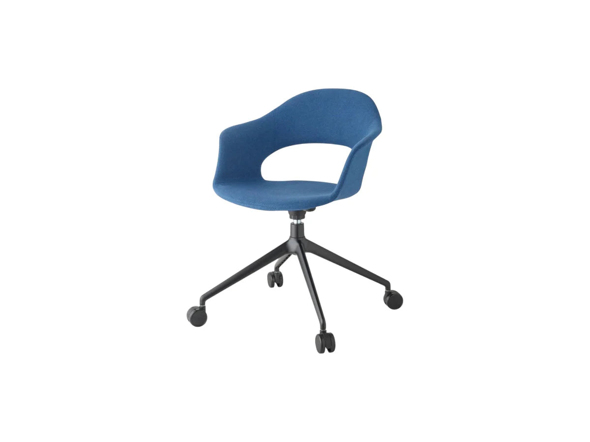 Mentha Pop office chair with blue upholstered shell seat, black swivel base, and smooth-rolling castors.