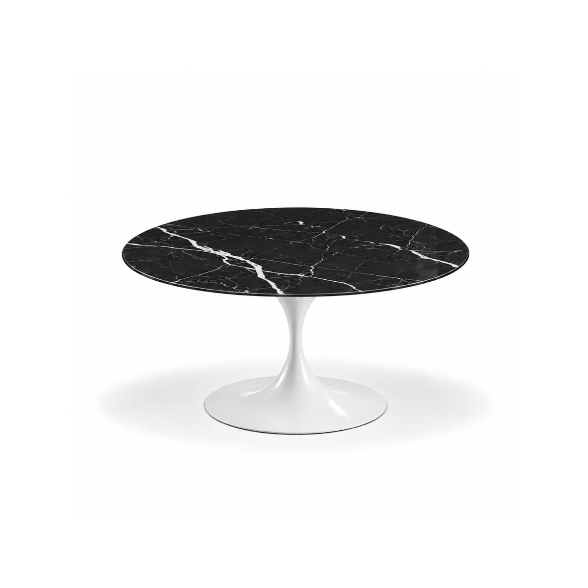 Midnight Carrara Tulip coffee table featuring a polished black marble tabletop with bold white veining and a white tulip pedestal base, ideal for luxury modern, contemporary, and mid-century living room interiors