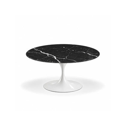Midnight Carrara Tulip coffee table featuring a polished black marble tabletop with bold white veining and a white tulip pedestal base, ideal for luxury modern, contemporary, and mid-century living room interiors