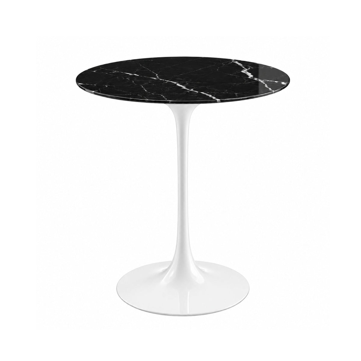 Midnight Carrara Tulip side table featuring a polished Nero Marquina marble tabletop with striking white veining, paired with a glossy white tulip pedestal base. A luxury Italian designer side table for modern, contemporary, Scandinavian, and mid-century living room interiors.