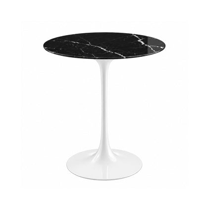 Midnight Carrara Tulip side table featuring a polished Nero Marquina marble tabletop with striking white veining, paired with a glossy white tulip pedestal base. A luxury Italian designer side table for modern, contemporary, Scandinavian, and mid-century living room interiors.