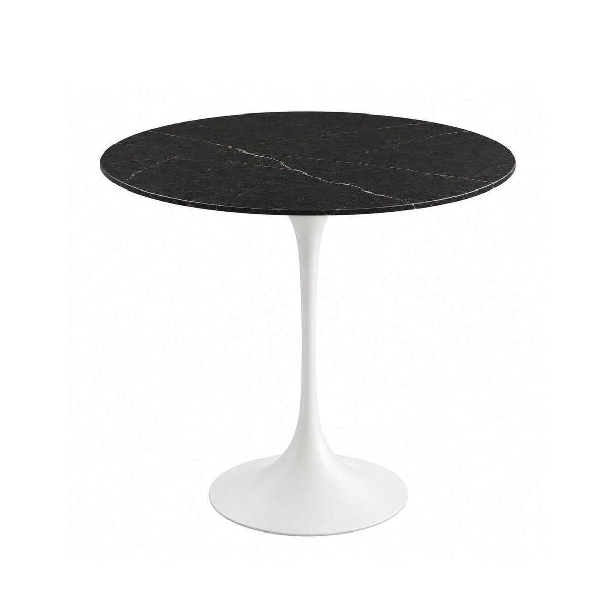 Midnight Vein Tulip side table featuring a polished Nero Marquina marble tabletop with delicate white veining and a glossy white tulip pedestal base. A luxury Italian designer side table for modern, contemporary, Scandinavian, and mid-century living room interiors.