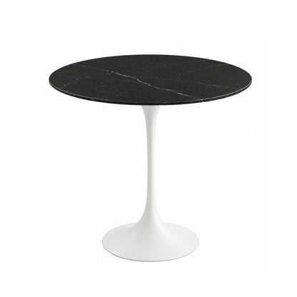Midnight Vein Tulip side table featuring a polished Nero Marquina marble tabletop with delicate white veining and a glossy white tulip pedestal base. A luxury Italian designer side table for modern, contemporary, Scandinavian, and mid-century living room interiors.