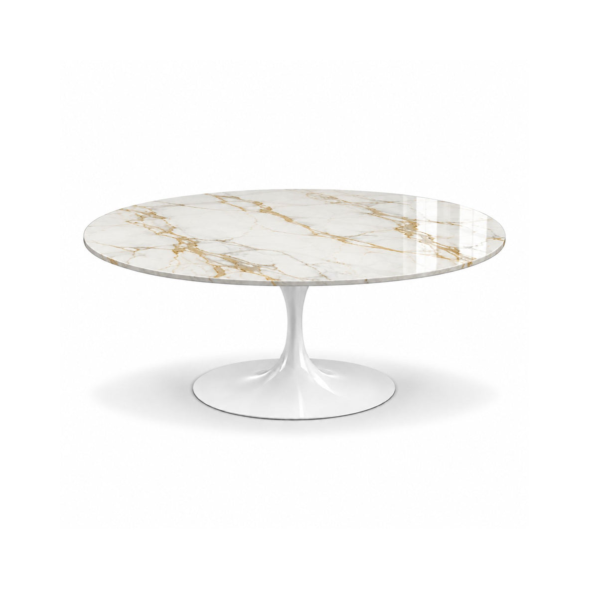 Milano Tulip coffee table featuring a polished Calacatta Gold marble tabletop with luxurious gold and grey veining and a white tulip pedestal base, ideal for luxury modern, contemporary, and mid-century living room interiors.