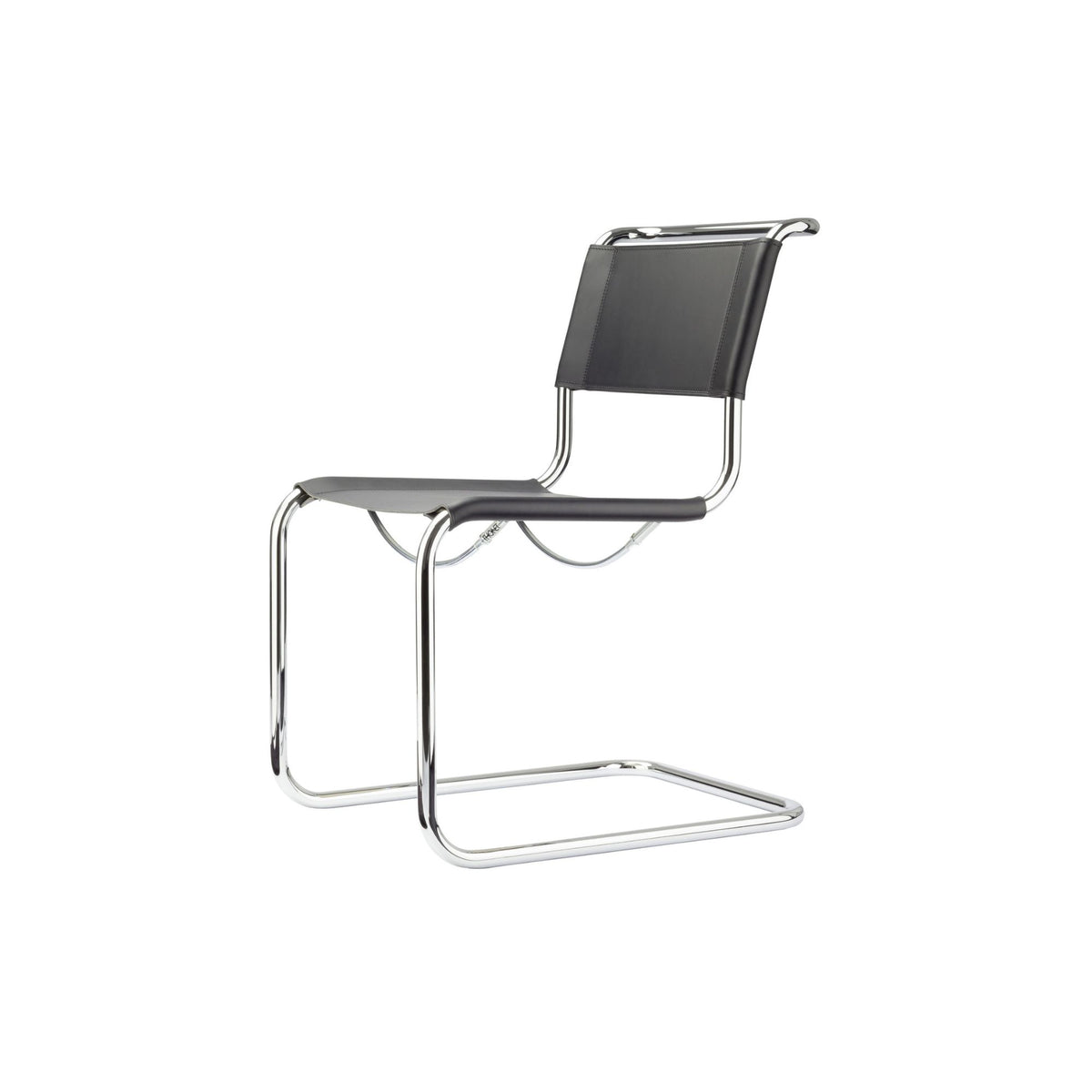 Modern cantilever dining chair upholstered in black leather with a polished chrome tubular steel frame and minimalist contemporary design.