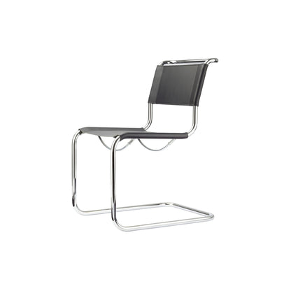 Modern cantilever dining chair upholstered in black leather with a polished chrome tubular steel frame and minimalist contemporary design.