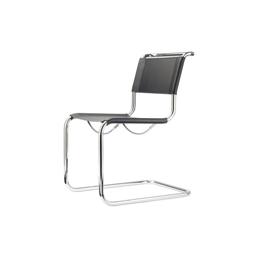 Modern cantilever dining chair upholstered in black leather with a polished chrome tubular steel frame and minimalist contemporary design.