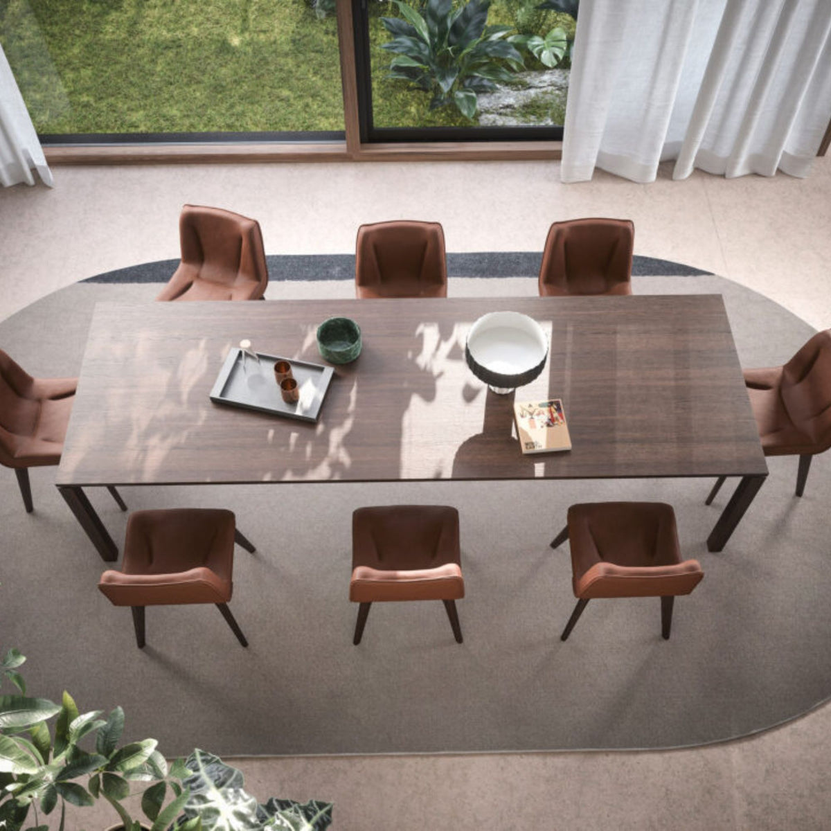 Modern rectangular walnut wood dining table with tapered legs, surrounded by six upholstered dining chairs in a contemporary dining room with floor-to-ceiling windows.