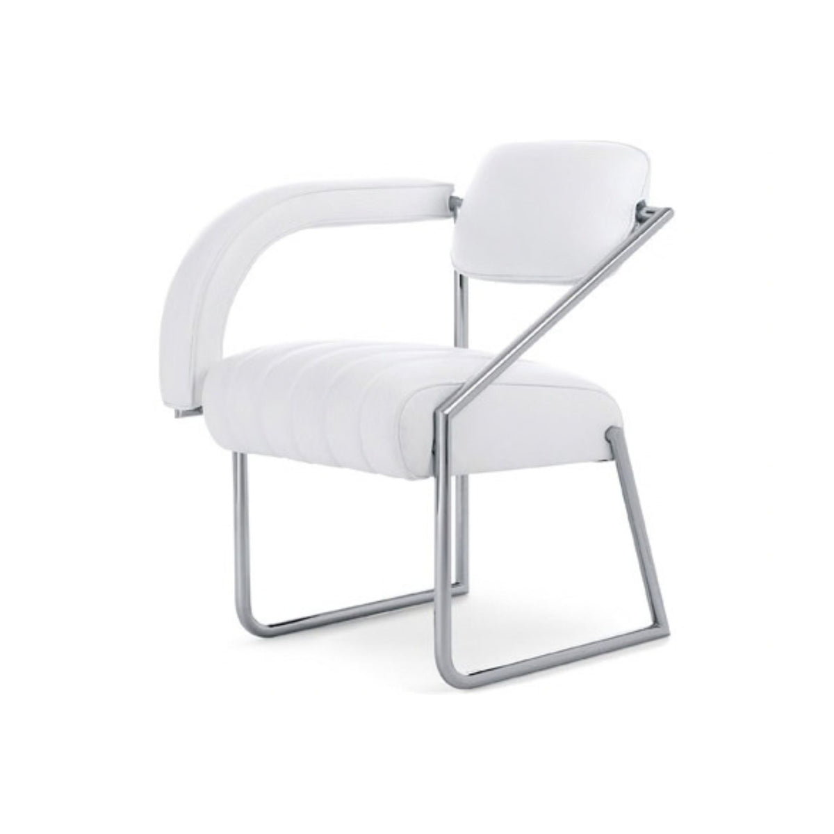 Modern dining armchair with white leather upholstery, ribbed padded seat, curved upholstered armrest and polished chrome tubular sled base, combining contemporary Italian design with comfort for luxury dining rooms, meeting spaces and executive interiors.