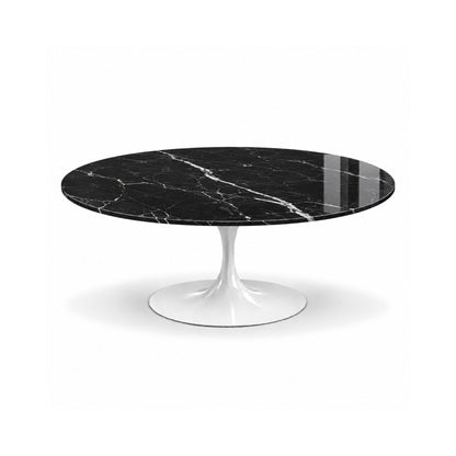Nero Tulip coffee table featuring a polished Marquina black marble tabletop with striking white veining and a white tulip pedestal base, ideal for luxury modern, contemporary, and mid-century living room interiors.