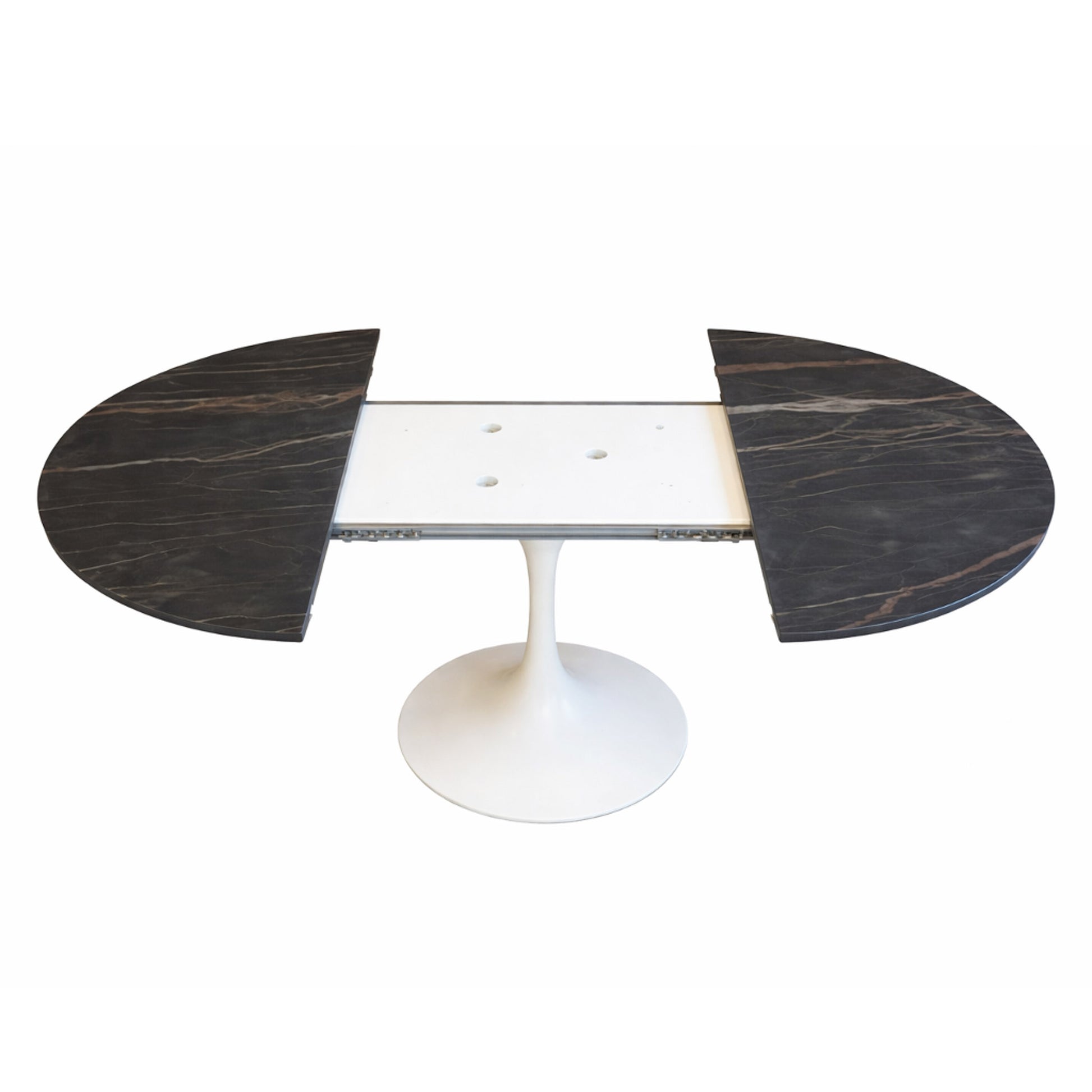 Extendable oval tulip dining table with Noir Desir ceramic black top and white pedestal base, shown open with extension leaves separated on a white background