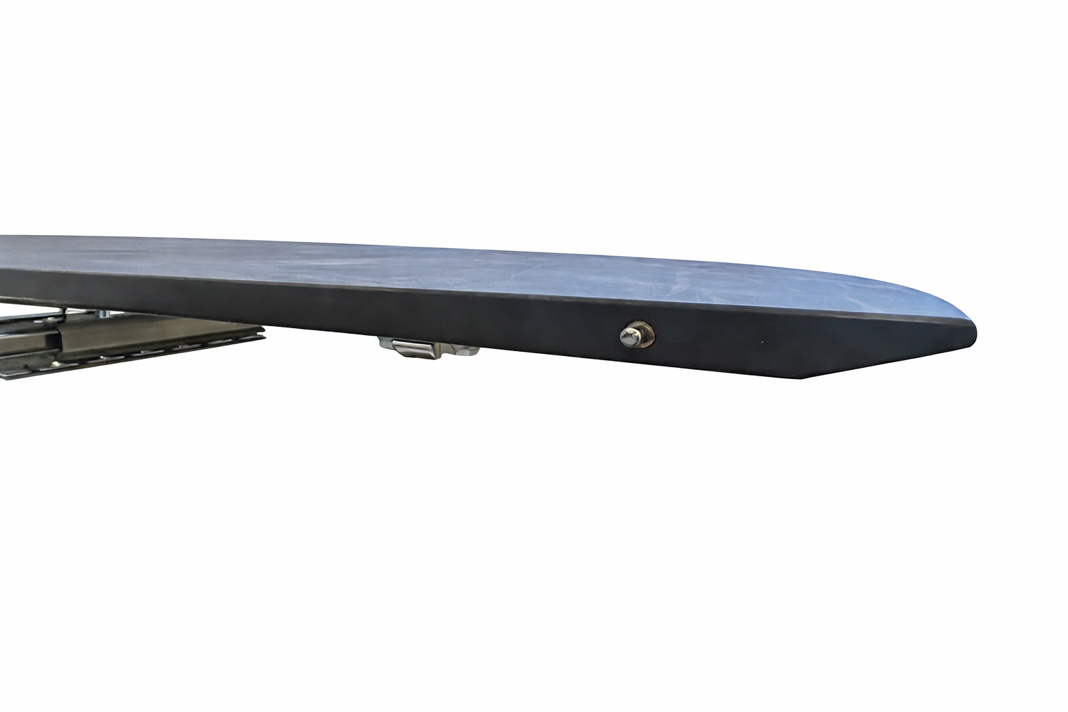 Close-up detail of Noir Desir ceramic extendable tulip dining table showing black ceramic top edge thickness and extension mechanism components on a white background