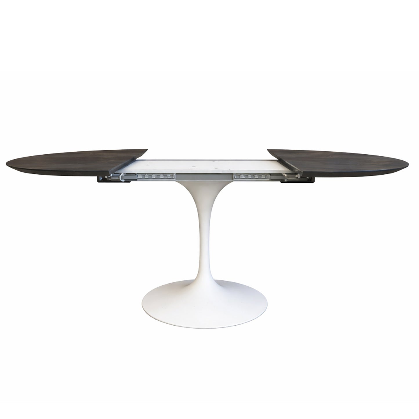 Side view of extendable oval tulip dining table with Noir Desir ceramic black top and white pedestal base, showing extension mechanism and separated leaves on a white background