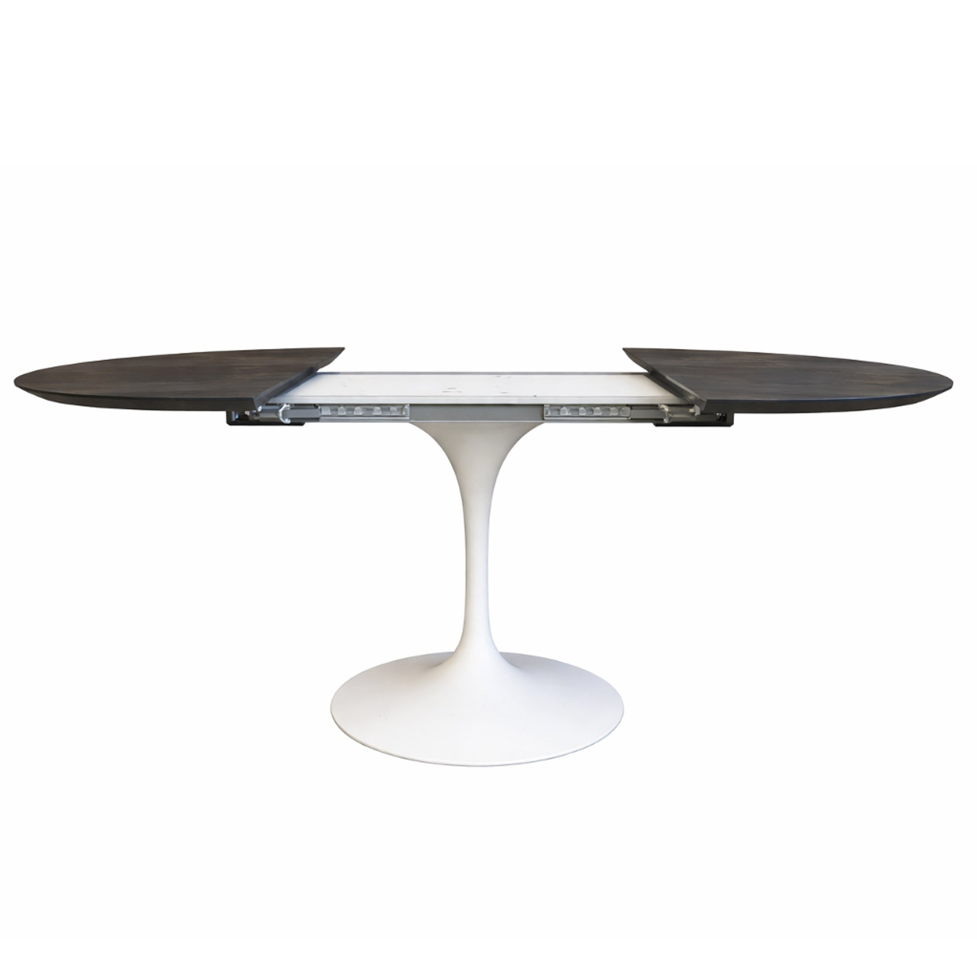 Side view of extendable oval tulip dining table with Noir Desir ceramic black top and white pedestal base, showing extension mechanism and separated leaves on a white background