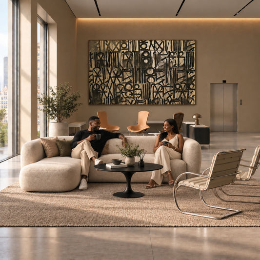 Noir Lounge Tulip coffee table featuring a polished Verde Alpi marble tabletop with rich green tones and natural white veining, paired with a glossy black tulip pedestal base, styled in a luxury contemporary living room with a curved sofa, modern lounge chairs, and a couple enjoying coffee. An elegant Italian designer coffee table for premium residential interiors.
