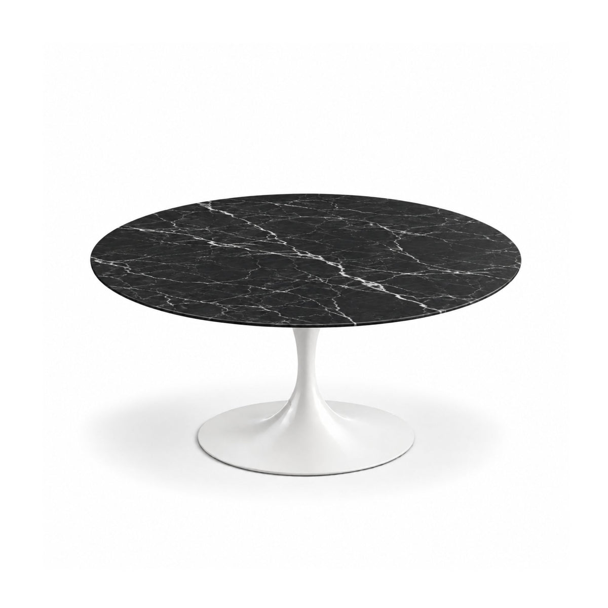 Noir Luxe Tulip coffee table featuring a polished Nero Marquina marble tabletop with elegant white veining and a glossy white tulip pedestal base, creating a sophisticated focal point for luxury modern, contemporary, Scandinavian, and mid-century living room interiors.