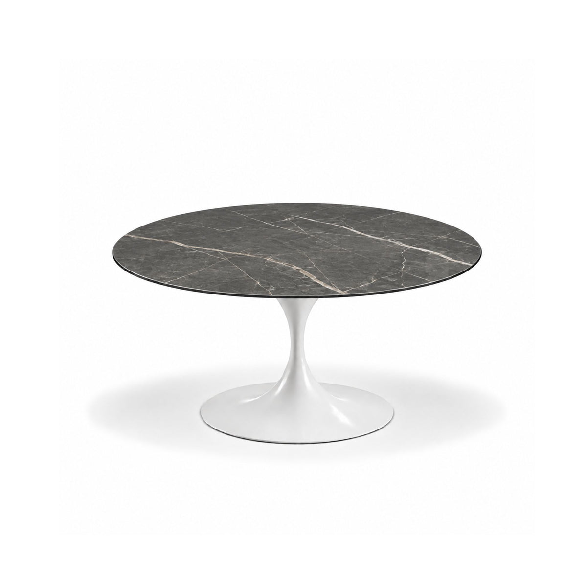 Noir Verra Tulip coffee table featuring a polished Black Marquina marble tabletop with striking white veining and a white tulip pedestal base, ideal for luxury modern, contemporary, and mid-century living room interiors.