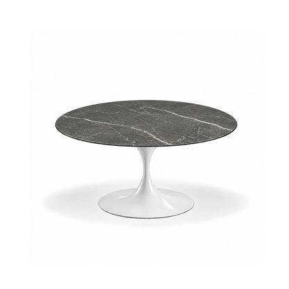 Noir Verra Tulip coffee table featuring a polished Black Marquina marble tabletop with striking white veining and a white tulip pedestal base, ideal for luxury modern, contemporary, and mid-century living room interiors.