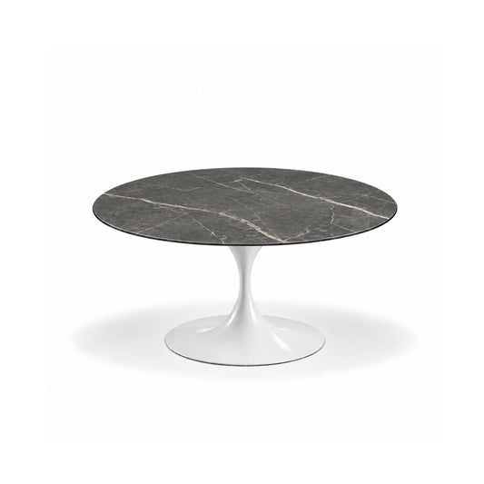 Noir Verra Tulip coffee table featuring a polished Black Marquina marble tabletop with striking white veining and a white tulip pedestal base, ideal for luxury modern, contemporary, and mid-century living room interiors.