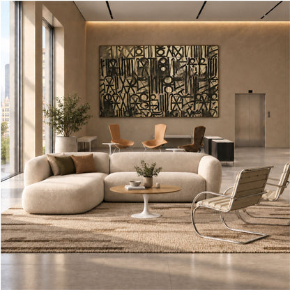 Oak Haven Tulip coffee table featuring a natural oak wood tabletop and glossy white tulip pedestal base, styled in a contemporary living room with a curved cream sofa, designer lounge chair, and warm natural lighting. A luxury Italian designer coffee table for modern, Scandinavian, and mid-century interiors.