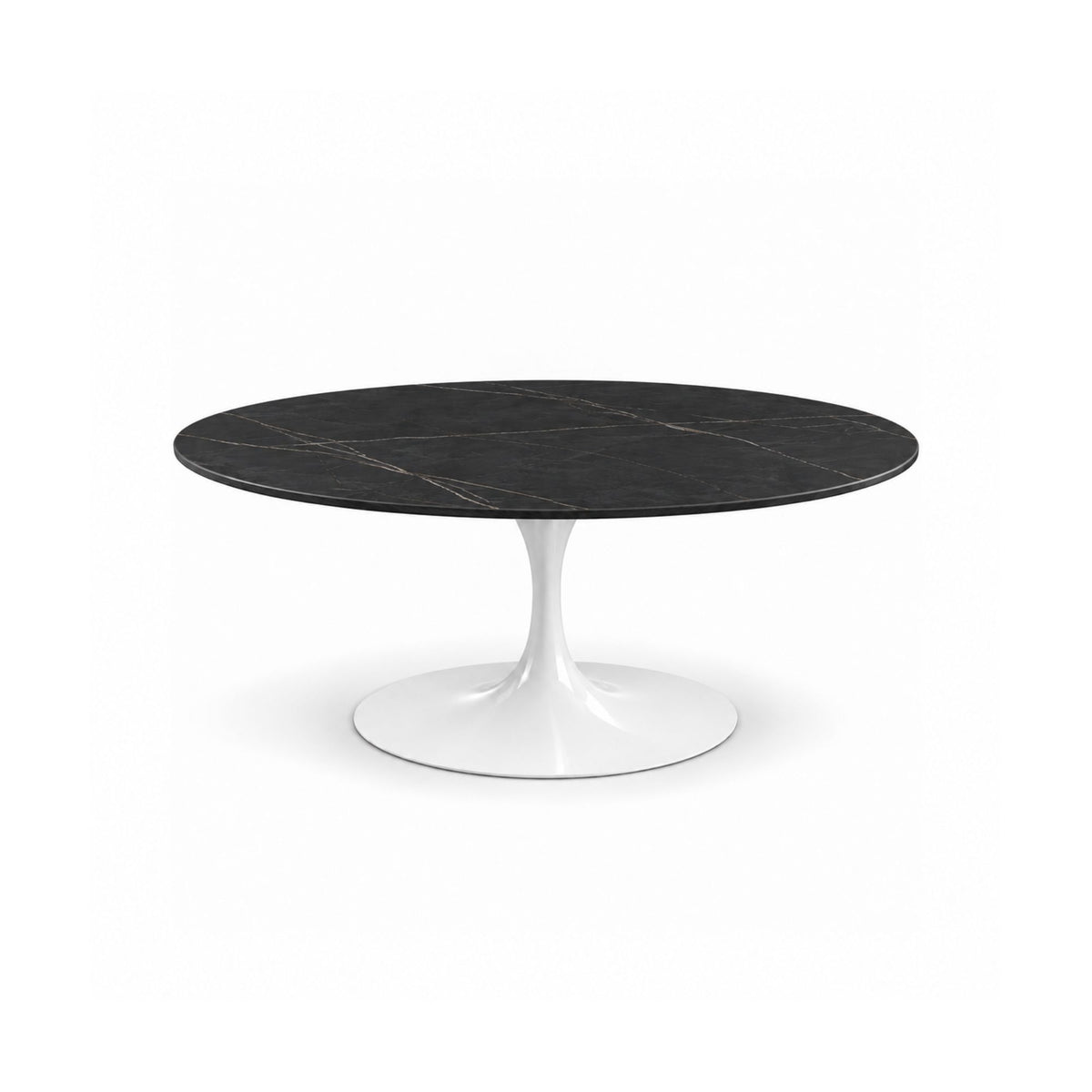 Obsidian Tulip coffee table featuring a polished Nero Marquina black marble tabletop with subtle white veining and a white tulip pedestal base, ideal for luxury modern, contemporary, and mid-century living room interiors.