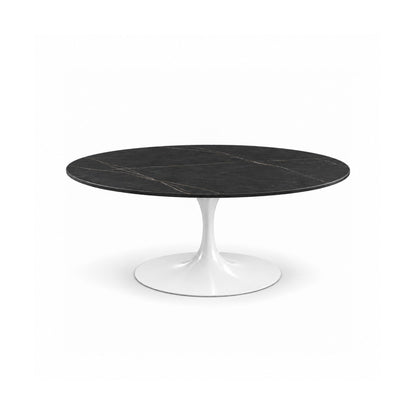 Obsidian Tulip coffee table featuring a polished Nero Marquina black marble tabletop with subtle white veining and a white tulip pedestal base, ideal for luxury modern, contemporary, and mid-century living room interiors.