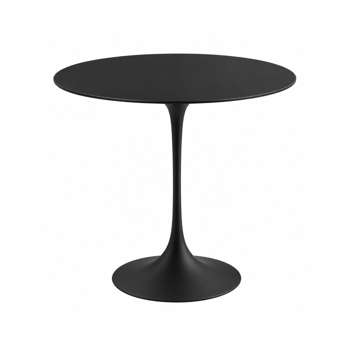 Obsidian Tulip side table featuring a smooth matte black laminate tabletop paired with a matching matte black tulip pedestal base. A minimalist Italian designer side table ideal for modern, contemporary, Scandinavian, and mid-century living room interiors.
