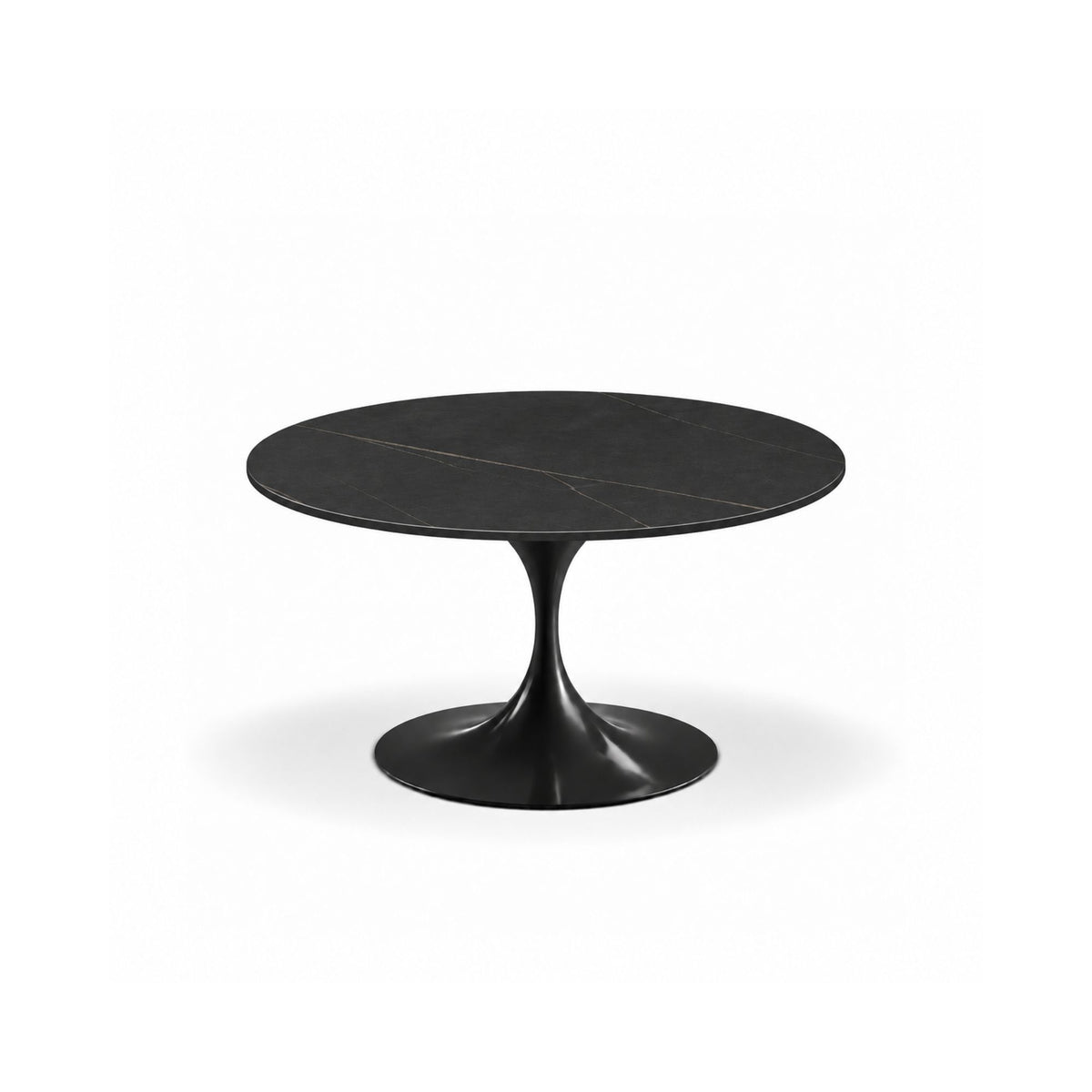 Obsidian Vein Tulip coffee table with a black stone-effect tabletop featuring subtle light veining and a glossy black tulip pedestal base, ideal for modern, luxury, and mid-century contemporary living room interiors.