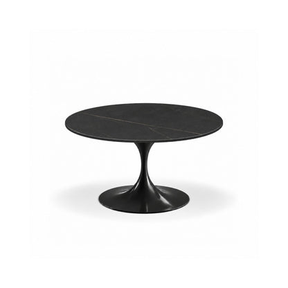 Obsidian Vein Tulip coffee table with a black stone-effect tabletop featuring subtle light veining and a glossy black tulip pedestal base, ideal for modern, luxury, and mid-century contemporary living room interiors.