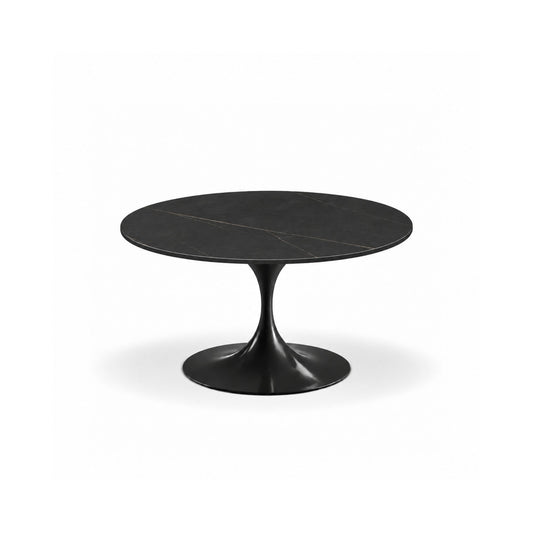 Obsidian Vein Tulip coffee table with a black stone-effect tabletop featuring subtle light veining and a glossy black tulip pedestal base, ideal for modern, luxury, and mid-century contemporary living room interiors.