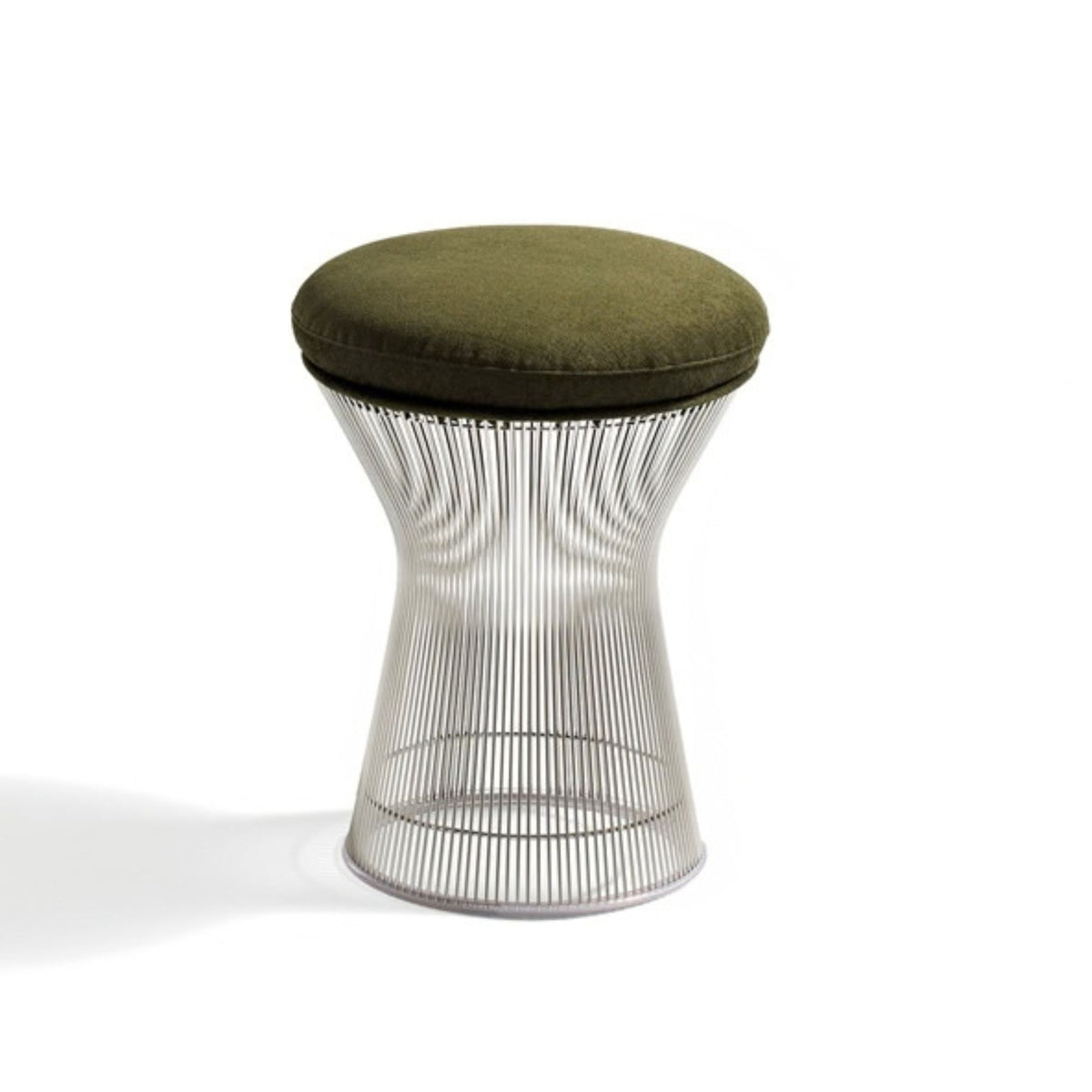 Olive green upholstered Platner wire stool with a round cushioned seat and polished nickel steel rod pedestal base, designed in a sculptural mid-century modern style.