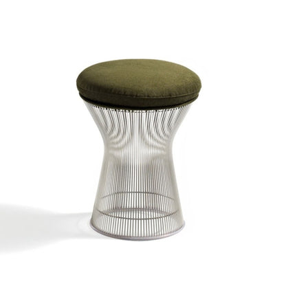 Olive green upholstered Platner wire stool with a round cushioned seat and polished nickel steel rod pedestal base, designed in a sculptural mid-century modern style.