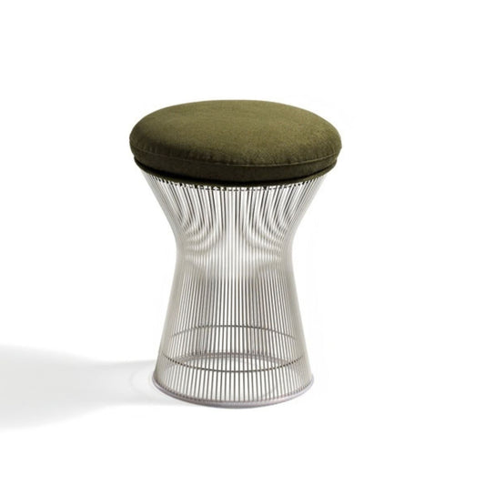 Olive green upholstered Platner wire stool with a round cushioned seat and polished nickel steel rod pedestal base, designed in a sculptural mid-century modern style.