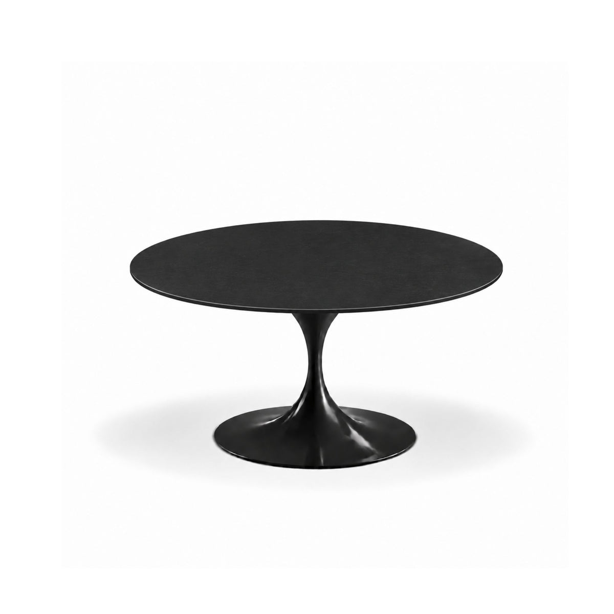 Onyx Eclipse Tulip coffee table featuring a matte black slate-effect tabletop with a glossy black tulip pedestal base, offering a sleek minimalist design for modern, contemporary, luxury, and mid-century living room interiors.