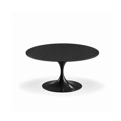 Onyx Eclipse Tulip coffee table featuring a matte black slate-effect tabletop with a glossy black tulip pedestal base, offering a sleek minimalist design for modern, contemporary, luxury, and mid-century living room interiors.