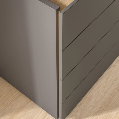 Close-up of a gray cabinet with wooden floor and wall