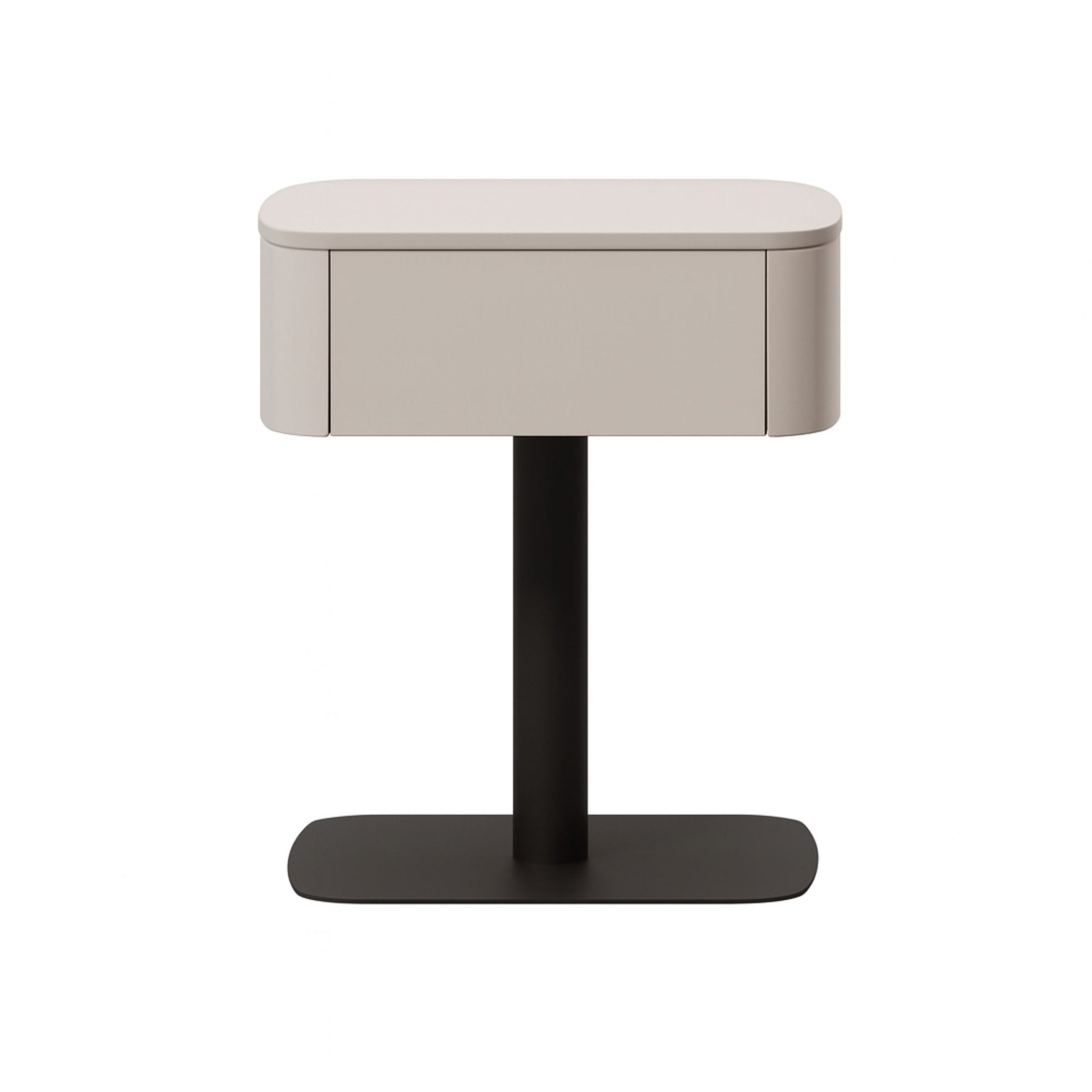 Small table with a beige top and black base on a white background