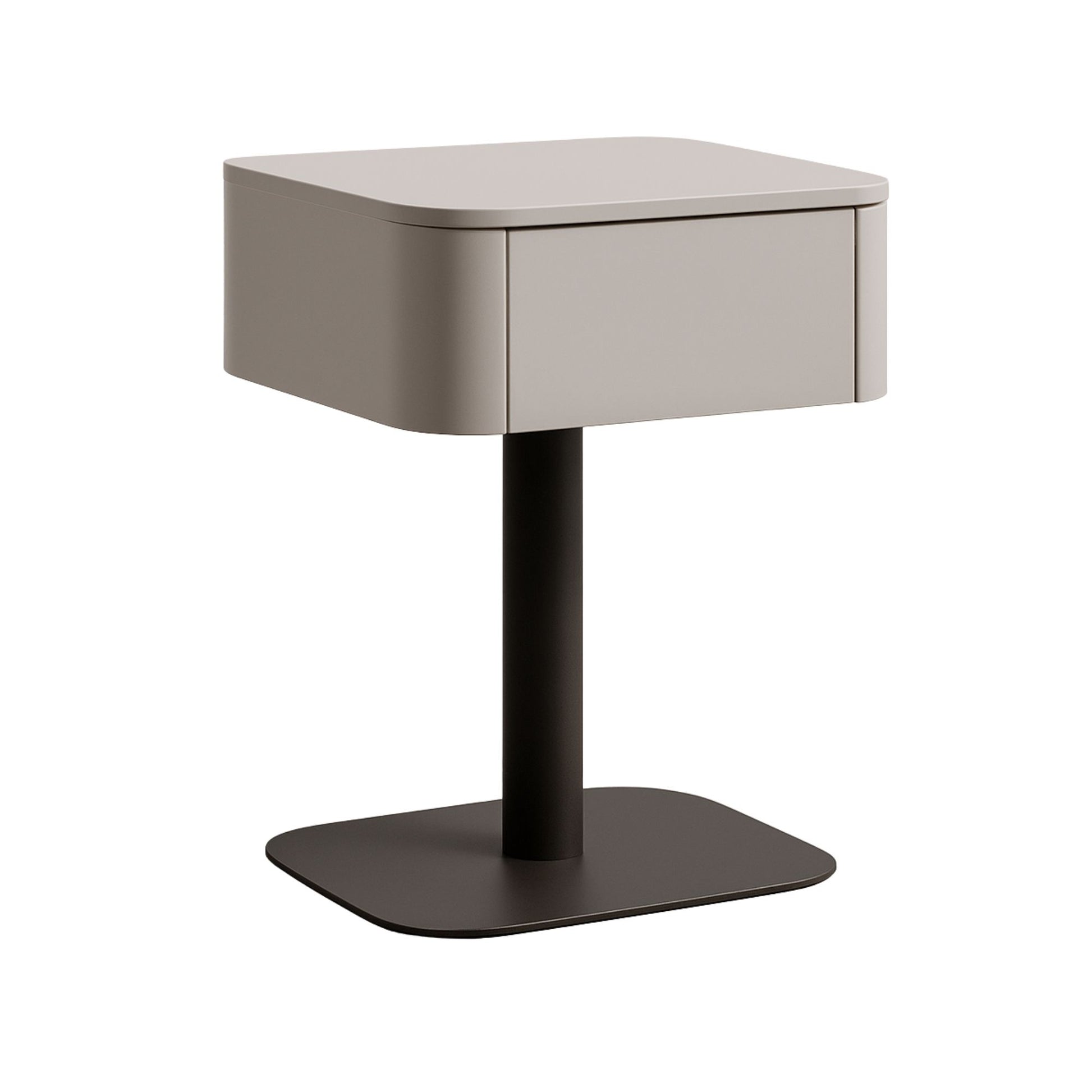 Small side table with beige top and black base on a white background
