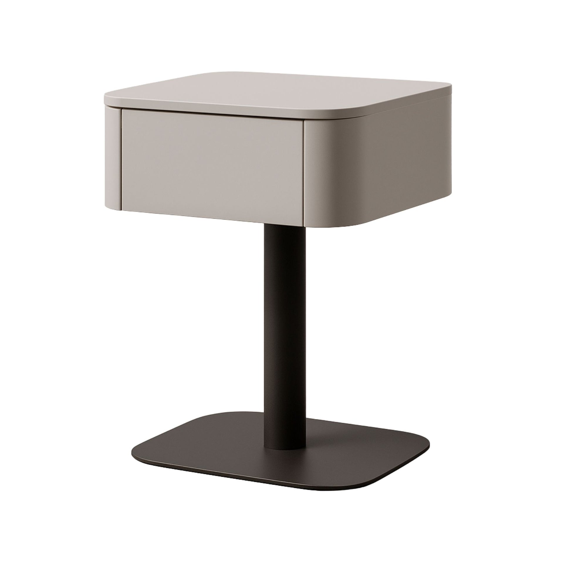 Corner table with a light gray top and dark base on a white background