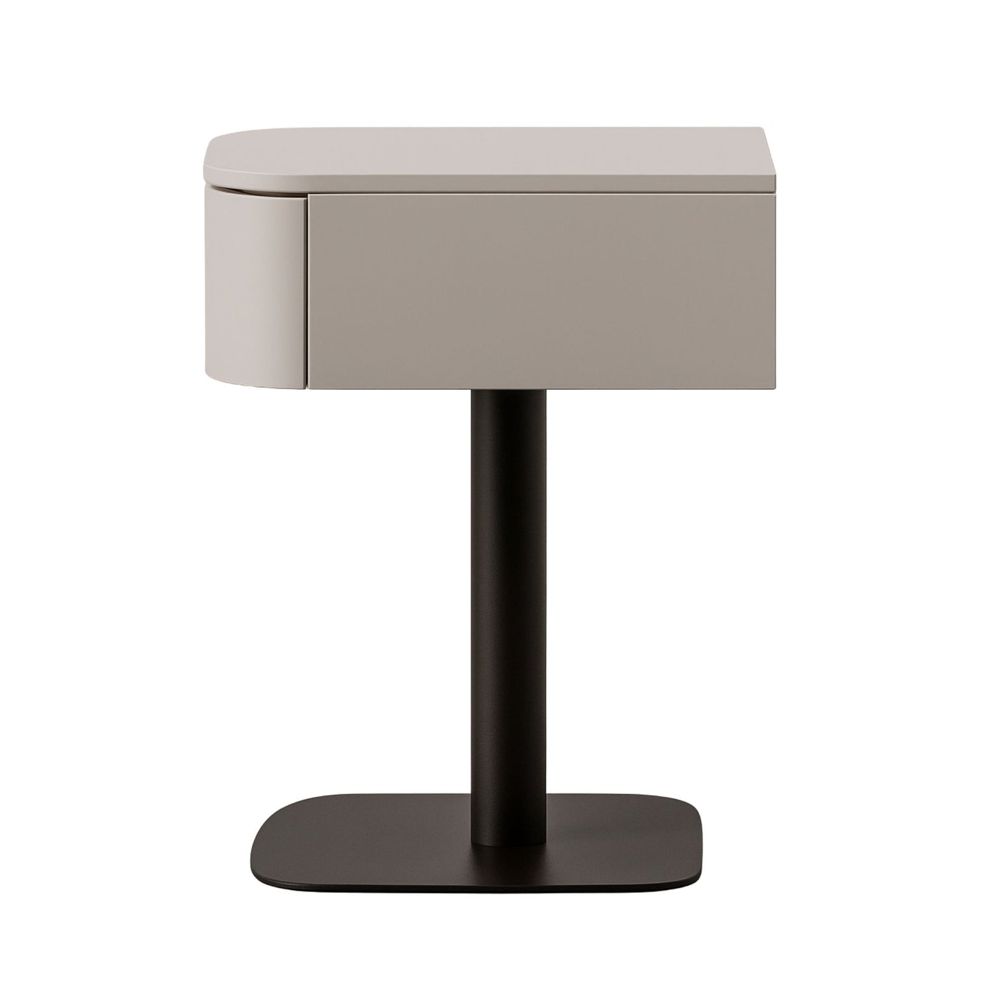 Small side table with a beige top and black base on a white background