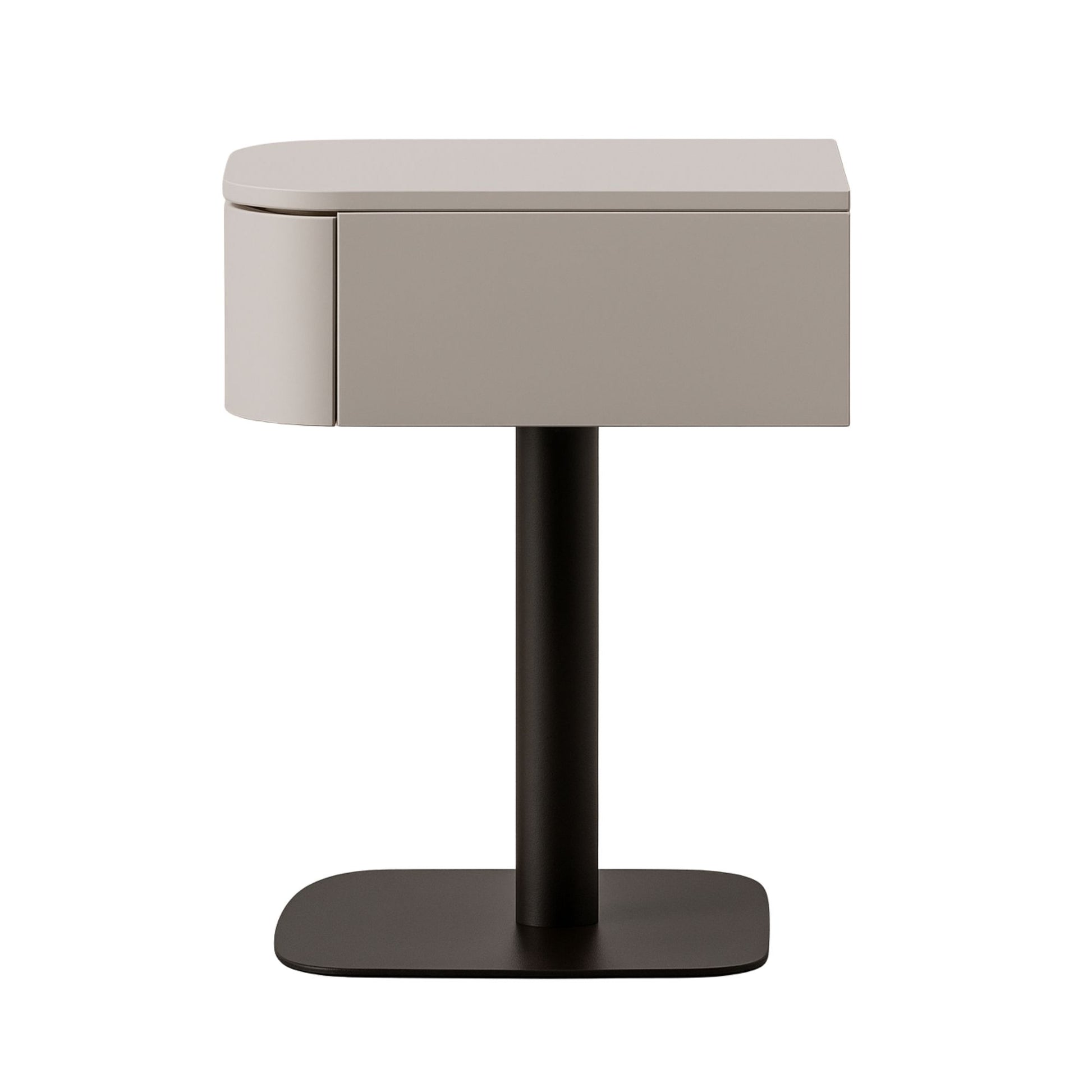 Small side table with a beige top and black base on a white background