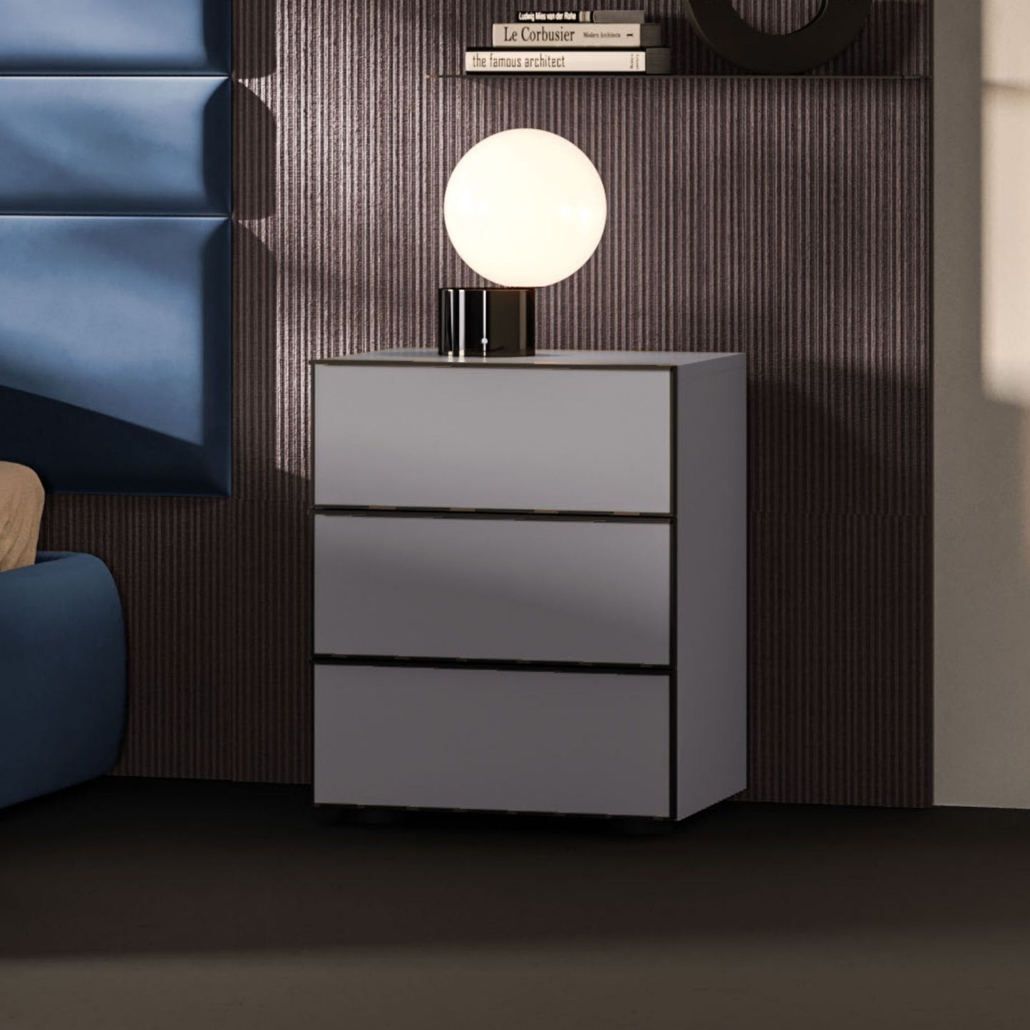 Gray nightstand with a lamp on top in a bedroom setting