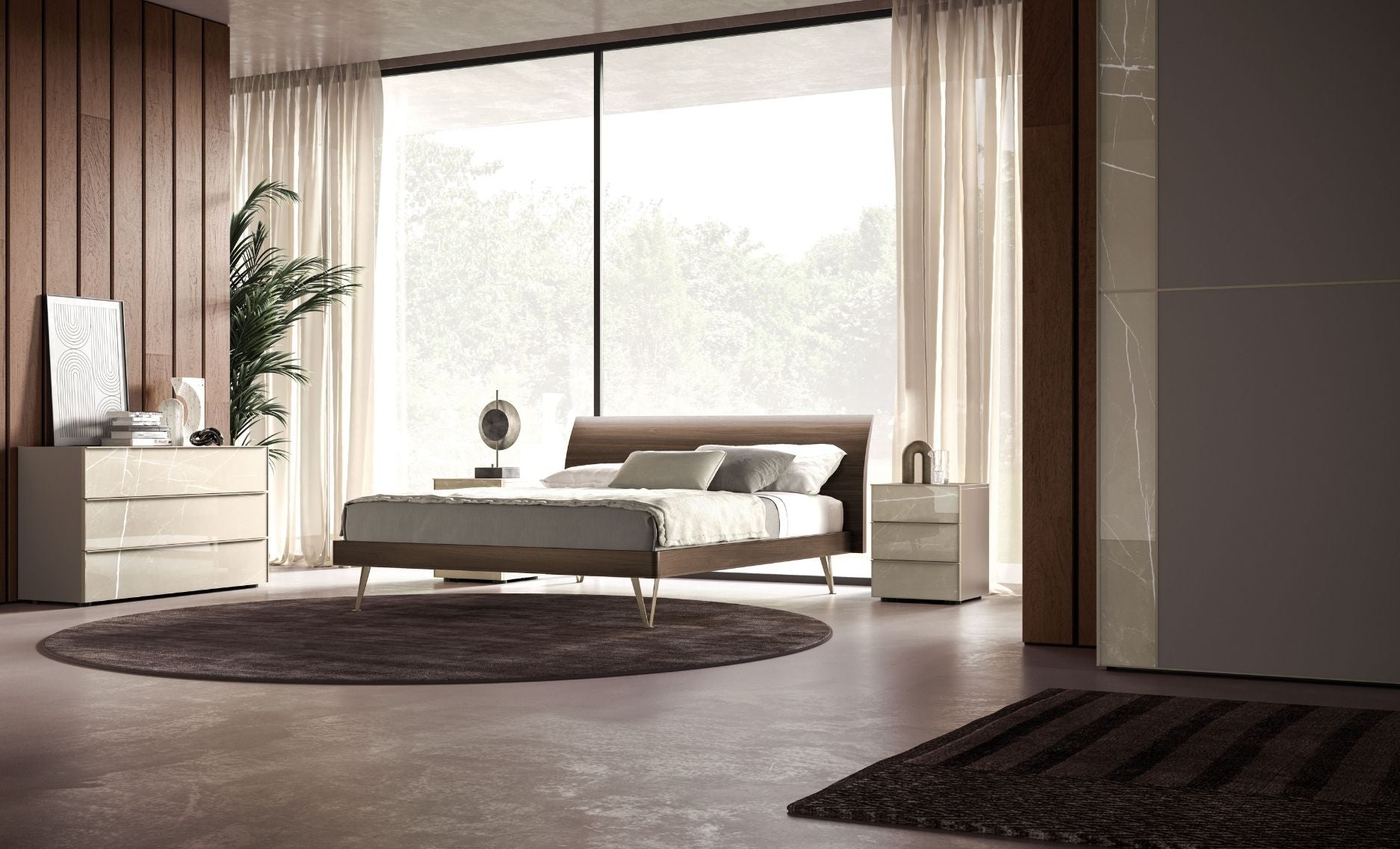 Modern bedroom with a bed, nightstands, and large windows.