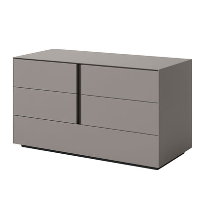 Gray dresser with two doors and three drawers on a white background