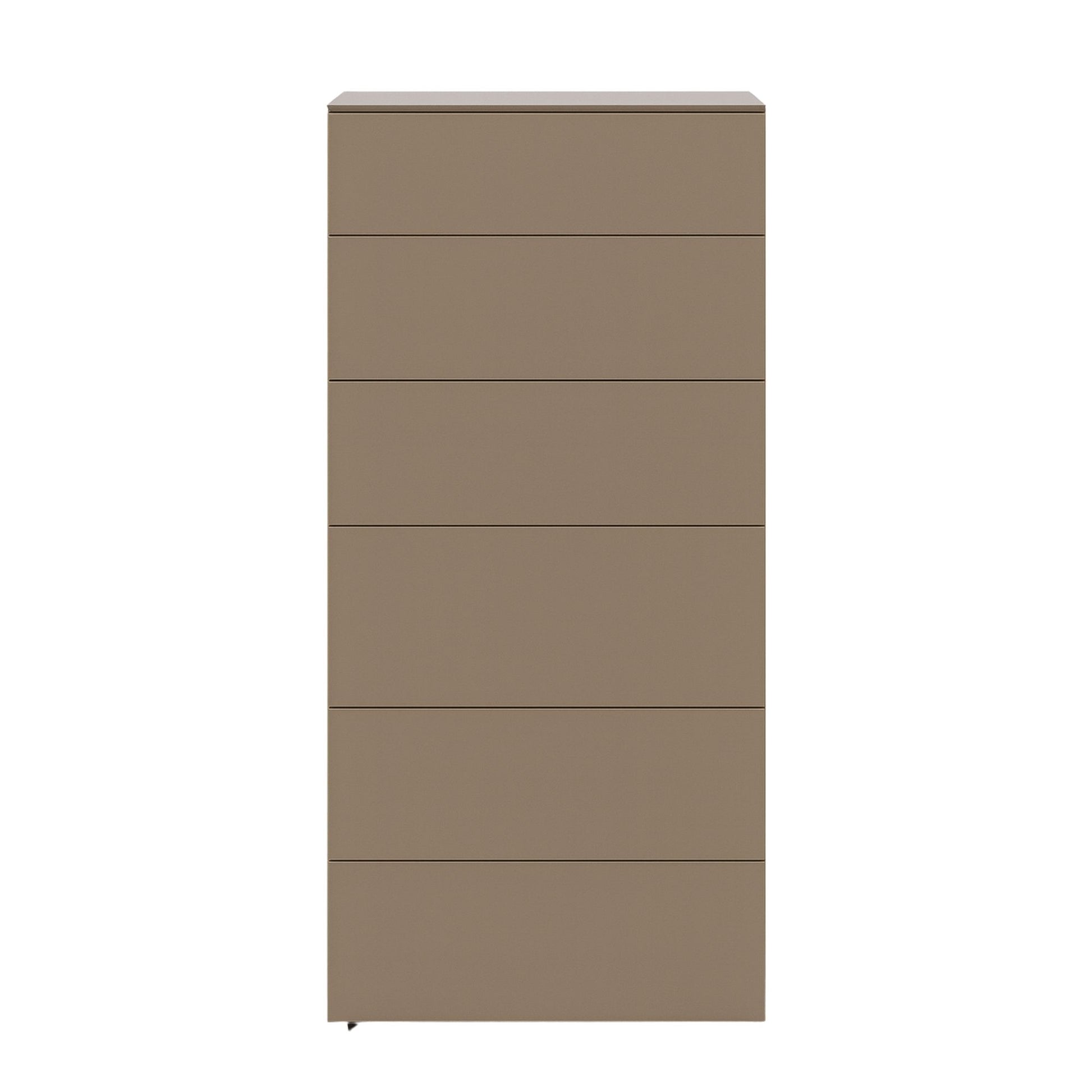 Brown dresser with multiple drawers on a white background