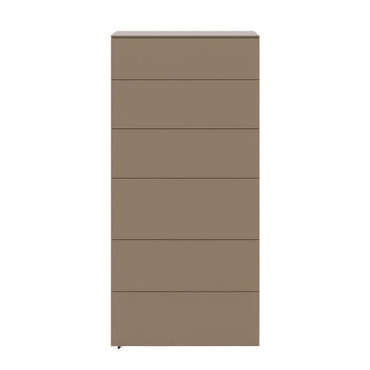 Brown dresser with multiple drawers on a white background